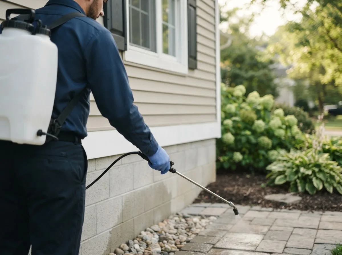 Pest control technician inspecting a home in Alkol, WV